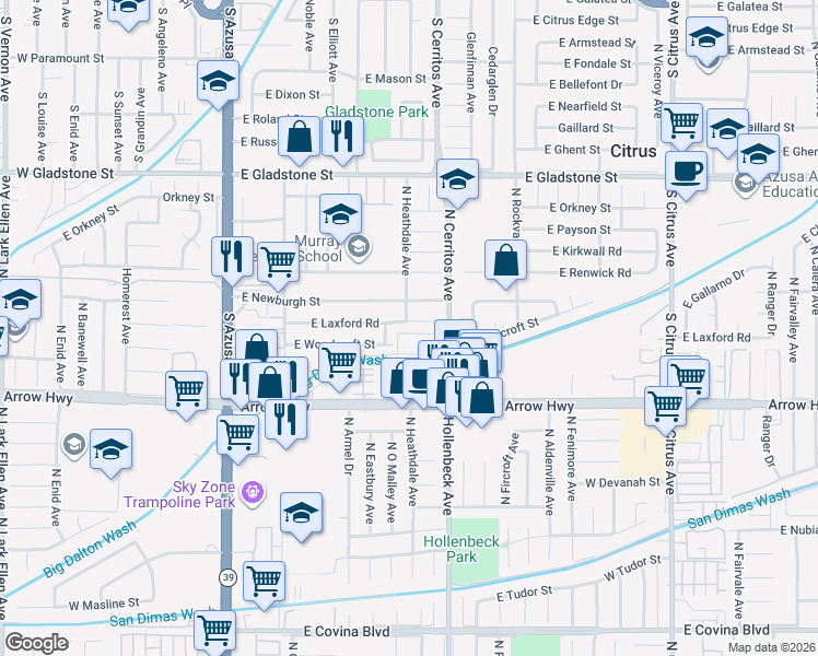 map of restaurants, bars, coffee shops, grocery stores, and more near 17914 East Newburgh Street in Azusa