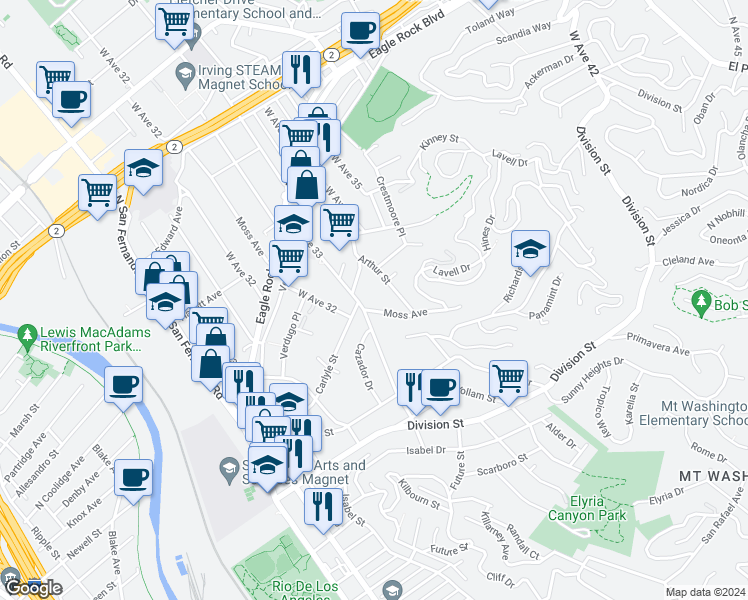 map of restaurants, bars, coffee shops, grocery stores, and more near 2361 Moss Avenue in Los Angeles