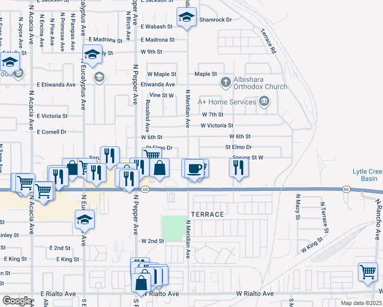 map of restaurants, bars, coffee shops, grocery stores, and more near 555 North Meridian Avenue in San Bernardino