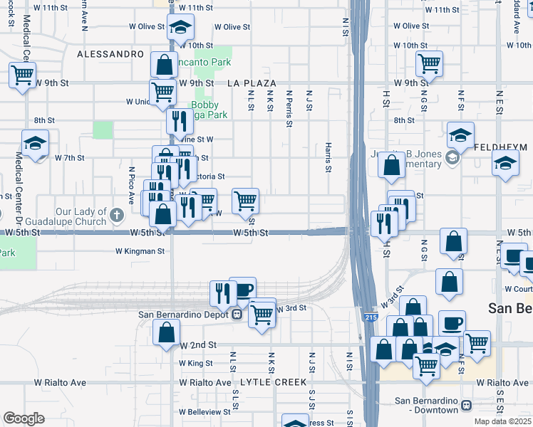 map of restaurants, bars, coffee shops, grocery stores, and more near 1053 West 6th Street in San Bernardino