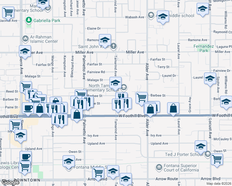 map of restaurants, bars, coffee shops, grocery stores, and more near 7961 Tamarind Avenue in Fontana