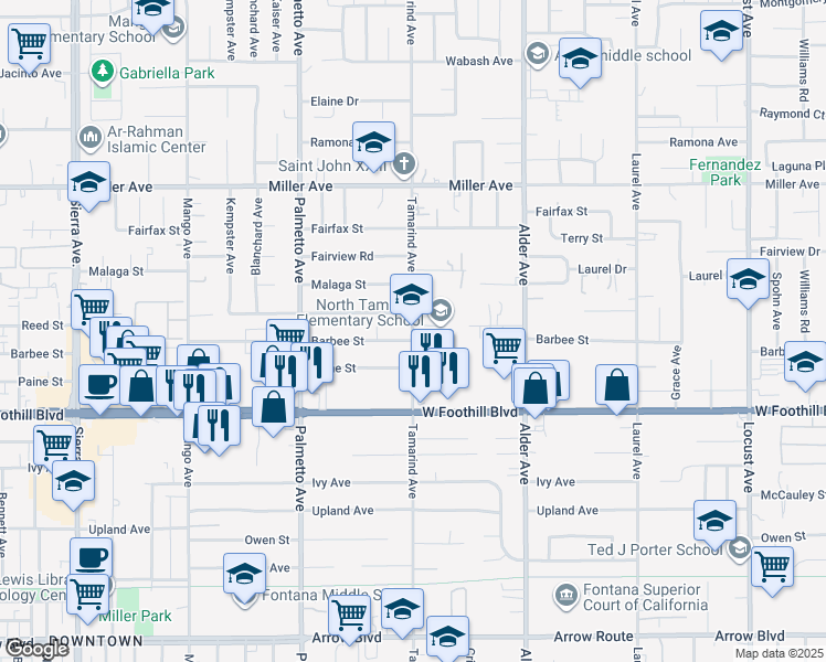 map of restaurants, bars, coffee shops, grocery stores, and more near 7961 Tamarind Avenue in Fontana