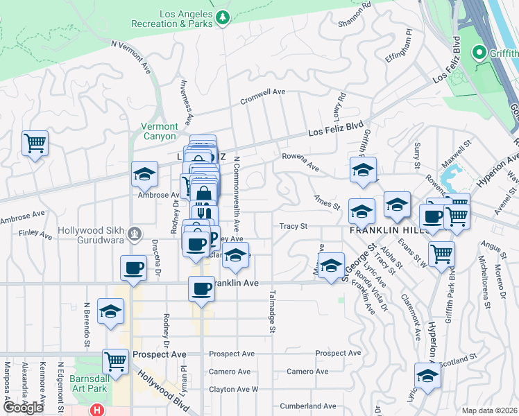 map of restaurants, bars, coffee shops, grocery stores, and more near 4325 Price Street in Los Angeles