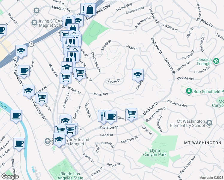map of restaurants, bars, coffee shops, grocery stores, and more near 2312 Yorkshire Drive in Los Angeles