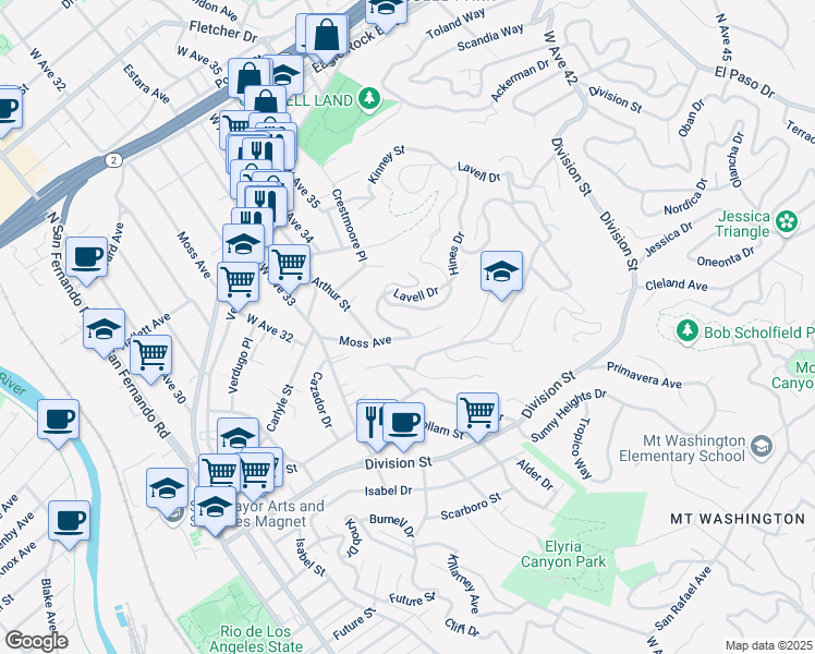 map of restaurants, bars, coffee shops, grocery stores, and more near 2312 Yorkshire Drive in Los Angeles