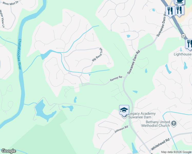 map of restaurants, bars, coffee shops, grocery stores, and more near 590 Big Bend Trail in Sugar Hill