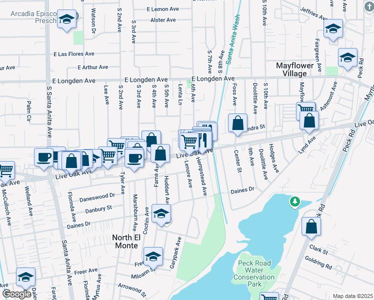 map of restaurants, bars, coffee shops, grocery stores, and more near 523 East Live Oak Avenue in Arcadia