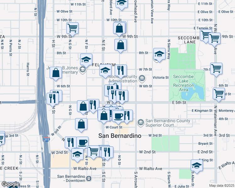 map of restaurants, bars, coffee shops, grocery stores, and more near 590 North D Street in San Bernardino