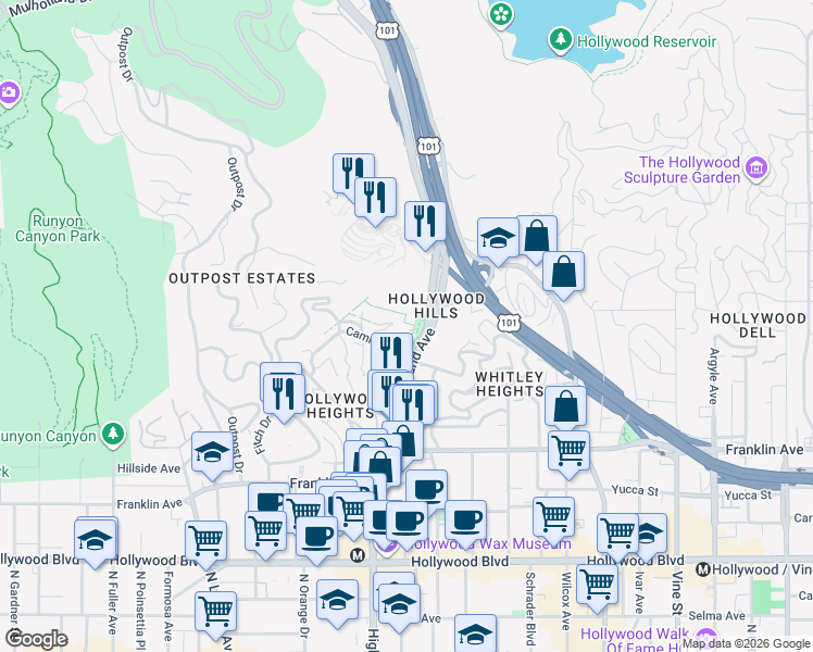 map of restaurants, bars, coffee shops, grocery stores, and more near 6830 Alta Loma Terrace in Los Angeles