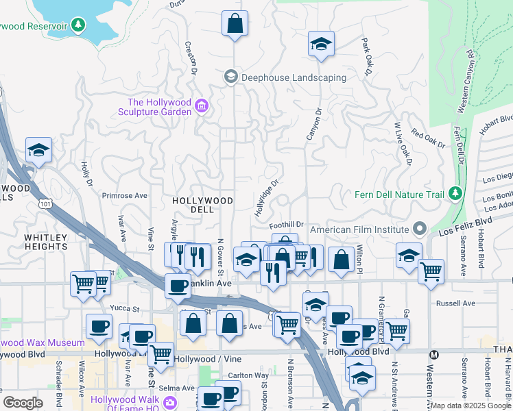 map of restaurants, bars, coffee shops, grocery stores, and more near 2146 Beachwood Terrace in Los Angeles