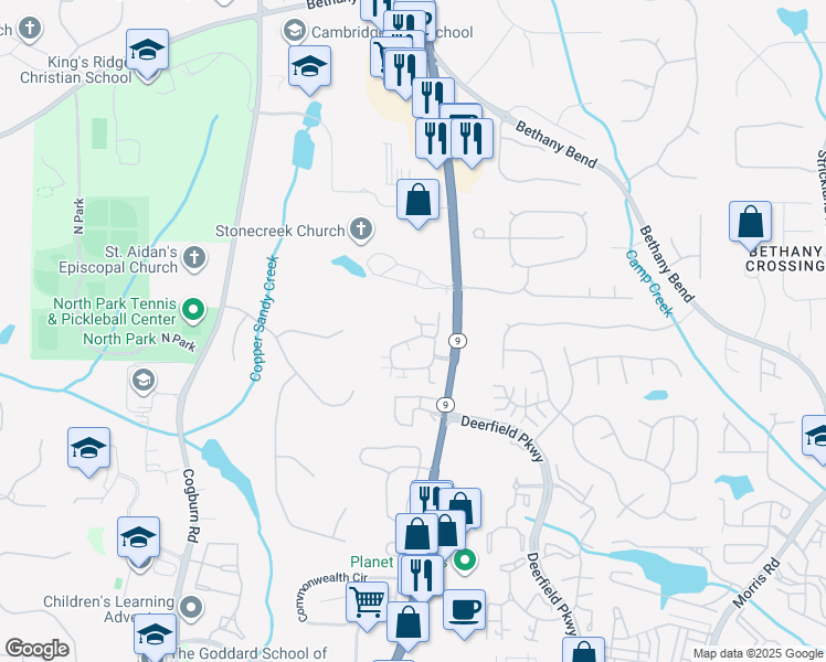 map of restaurants, bars, coffee shops, grocery stores, and more near 2963 Oakside Circle in Alpharetta