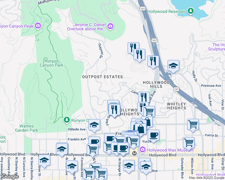 map of restaurants, bars, coffee shops, grocery stores, and more near 7044 Los Tilos Road in Los Angeles