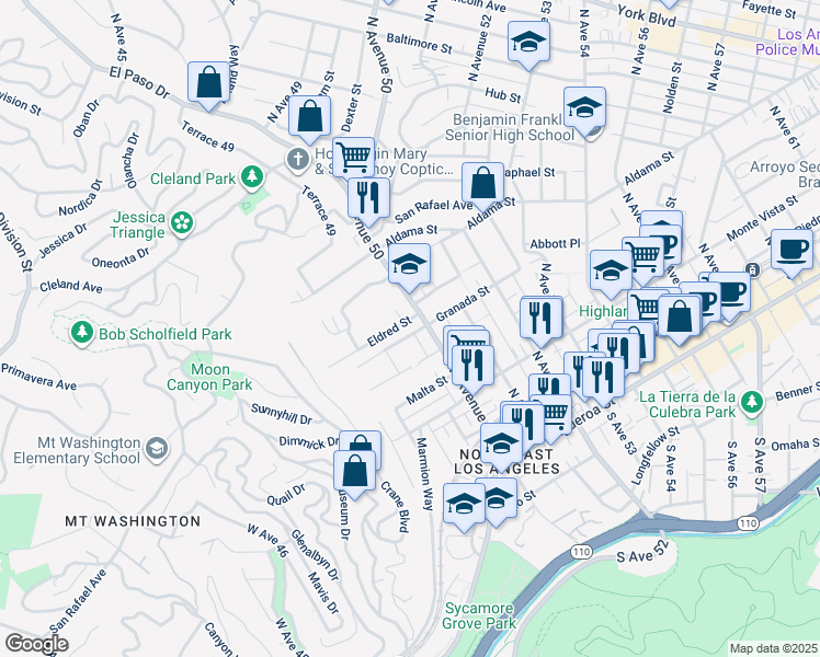 map of restaurants, bars, coffee shops, grocery stores, and more near 4943 Granada Street in Los Angeles