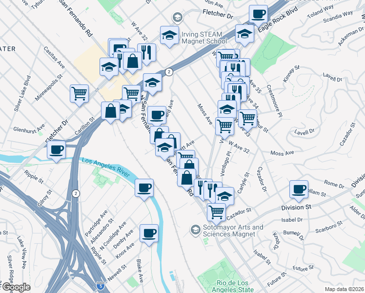 map of restaurants, bars, coffee shops, grocery stores, and more near 2603 West Avenue 30 in Los Angeles