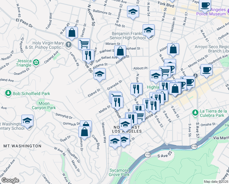 map of restaurants, bars, coffee shops, grocery stores, and more near 366 North Avenue 51 in Los Angeles