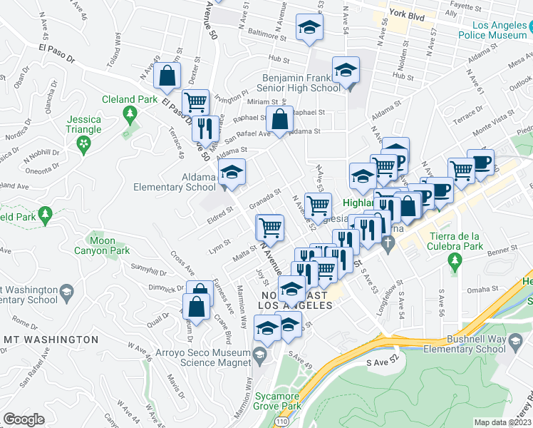 map of restaurants, bars, coffee shops, grocery stores, and more near 366 North Avenue 51 in Los Angeles