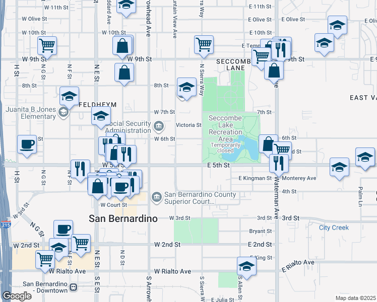 map of restaurants, bars, coffee shops, grocery stores, and more near 149 West 6th Street in San Bernardino
