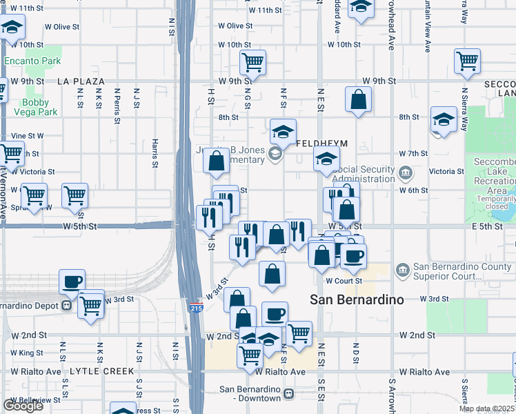 map of restaurants, bars, coffee shops, grocery stores, and more near 201 West 6th Street in San Bernardino