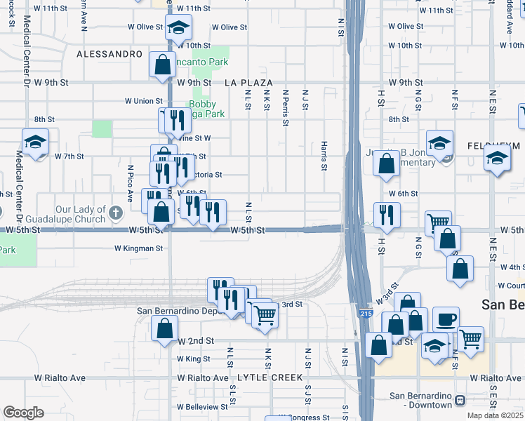 map of restaurants, bars, coffee shops, grocery stores, and more near 1053 West 6th Street in San Bernardino