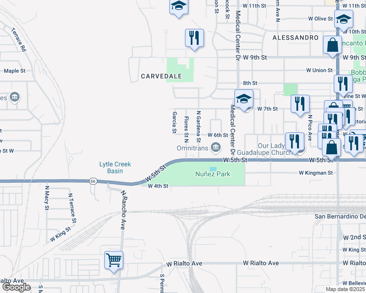 map of restaurants, bars, coffee shops, grocery stores, and more near 595 Flores Street North in San Bernardino