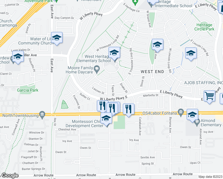 map of restaurants, bars, coffee shops, grocery stores, and more near 7895 Tapia Street in Fontana