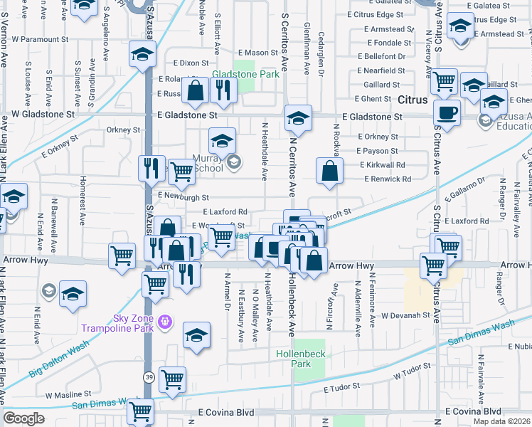 map of restaurants, bars, coffee shops, grocery stores, and more near 17914 East Newburgh Street in Azusa
