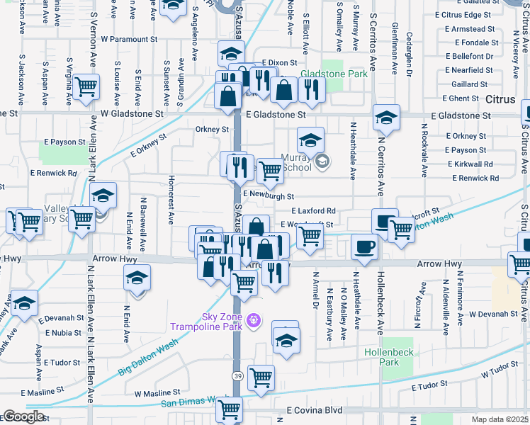 map of restaurants, bars, coffee shops, grocery stores, and more near 260 East Newburgh Street in Azusa