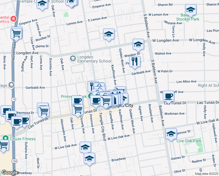map of restaurants, bars, coffee shops, grocery stores, and more near 6037 Kauffman Avenue in Temple City