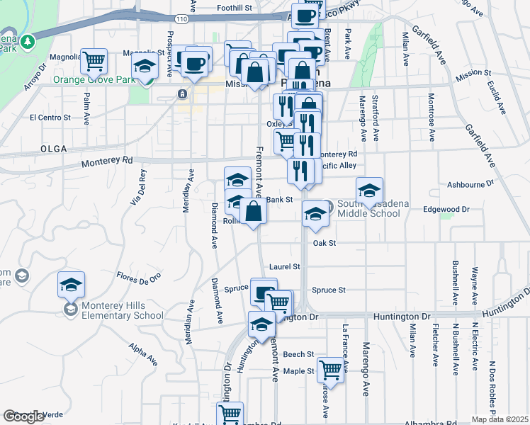 map of restaurants, bars, coffee shops, grocery stores, and more near 1401 Fremont Avenue in South Pasadena