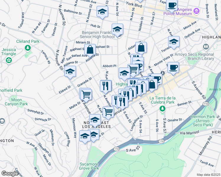 map of restaurants, bars, coffee shops, grocery stores, and more near 327 North Avenue 53 in Los Angeles