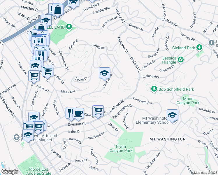 map of restaurants, bars, coffee shops, grocery stores, and more near 3750 Cazador Street in Los Angeles