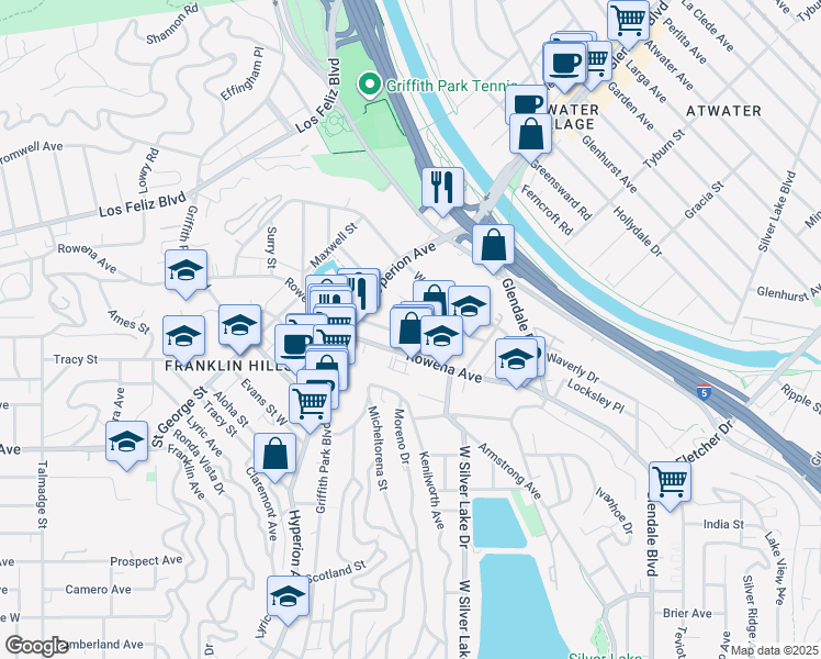 map of restaurants, bars, coffee shops, grocery stores, and more near 2839 1/2 Avenel Street in Los Angeles