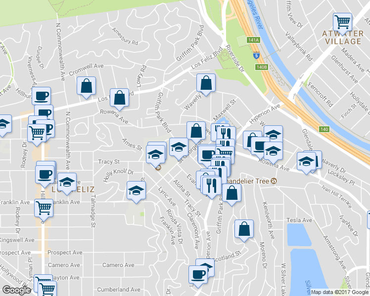 map of restaurants, bars, coffee shops, grocery stores, and more near 3733 Monon Street in Los Angeles
