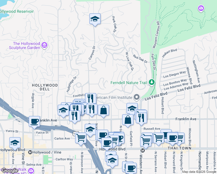 map of restaurants, bars, coffee shops, grocery stores, and more near 5700 Holly Oak Drive in Los Angeles
