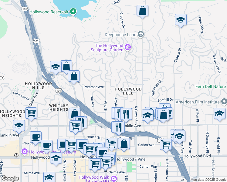 map of restaurants, bars, coffee shops, grocery stores, and more near 2157 Alcyona Drive in Los Angeles