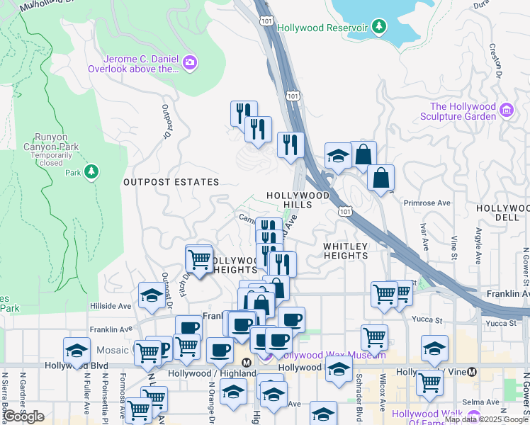 map of restaurants, bars, coffee shops, grocery stores, and more near 6867 Alta Loma Terrace in Los Angeles