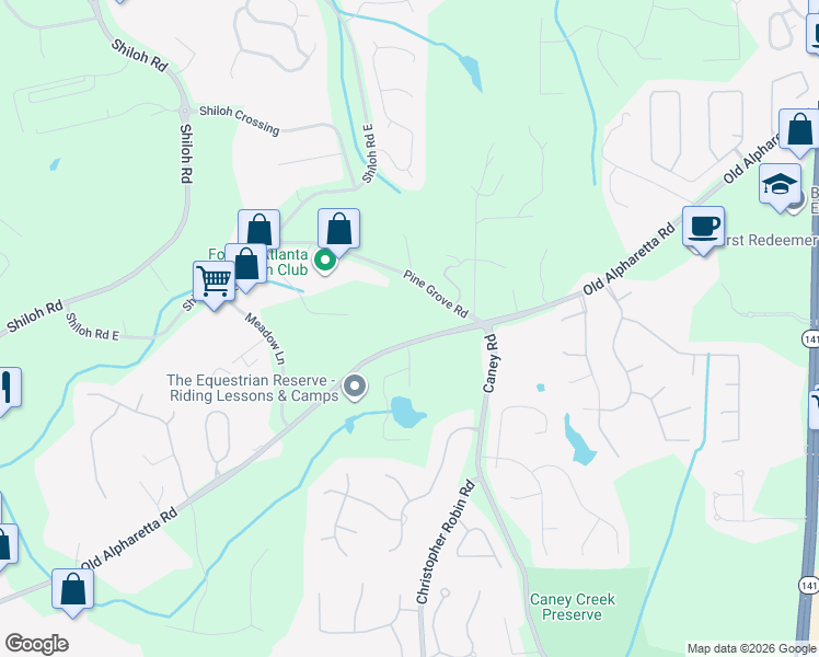 map of restaurants, bars, coffee shops, grocery stores, and more near 2537 Pine Grove Road in Cumming