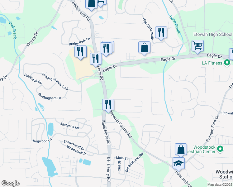 map of restaurants, bars, coffee shops, grocery stores, and more near 6400 Bells Ferry Road in Woodstock