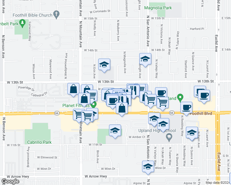map of restaurants, bars, coffee shops, grocery stores, and more near 996 West Pine Street in Upland