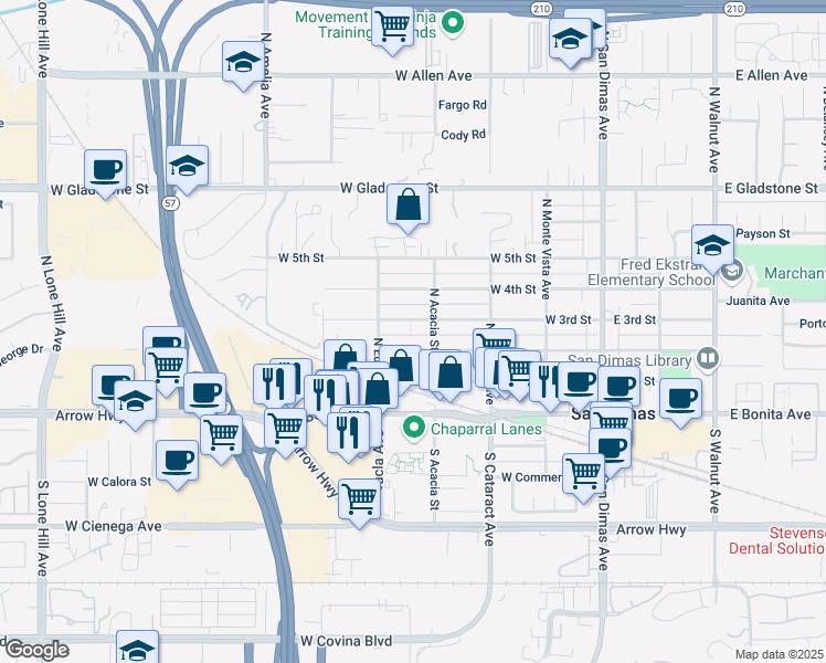 map of restaurants, bars, coffee shops, grocery stores, and more near 417 West 3rd Street in San Dimas