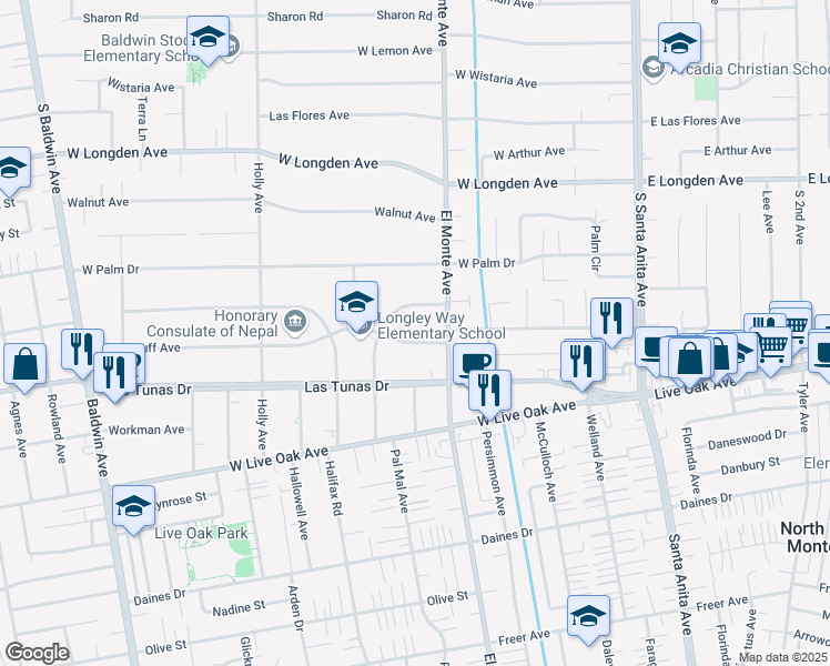 map of restaurants, bars, coffee shops, grocery stores, and more near 229 West Woodruff Avenue in Arcadia