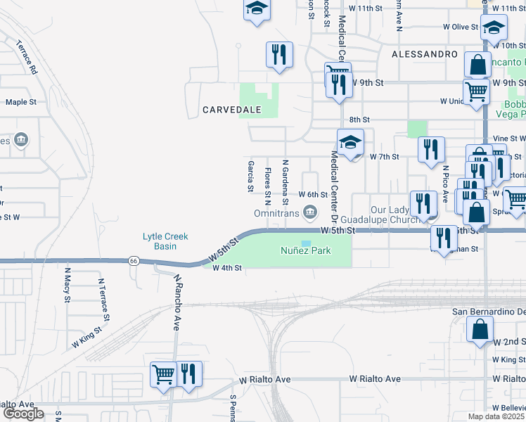 map of restaurants, bars, coffee shops, grocery stores, and more near 595 Flores Street North in San Bernardino