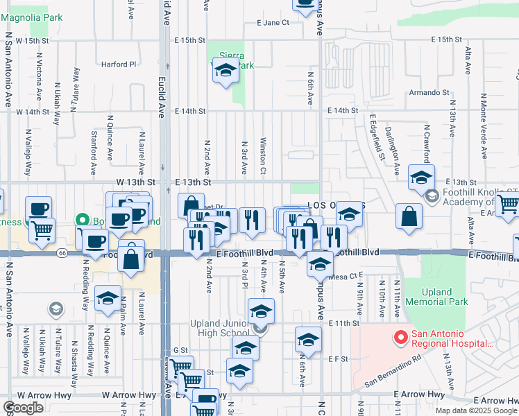 map of restaurants, bars, coffee shops, grocery stores, and more near 1193 Winston Court in Upland