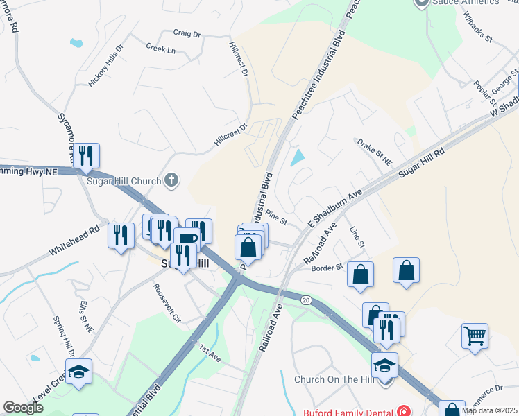 map of restaurants, bars, coffee shops, grocery stores, and more near 1375 Peachtree Industrial Boulevard in Sugar Hill