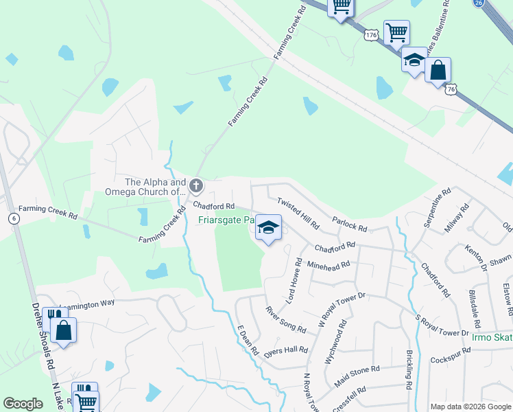 map of restaurants, bars, coffee shops, grocery stores, and more near 196 Twisted Hill Road in Irmo