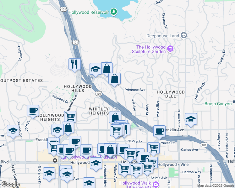 map of restaurants, bars, coffee shops, grocery stores, and more near 2104 North Cahuenga Boulevard in Los Angeles