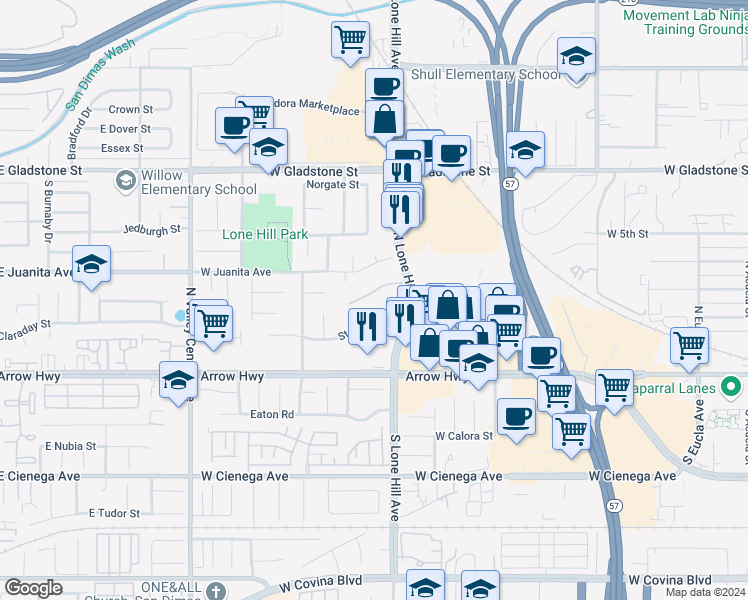 map of restaurants, bars, coffee shops, grocery stores, and more near 1122 Las Colinas Way in San Dimas