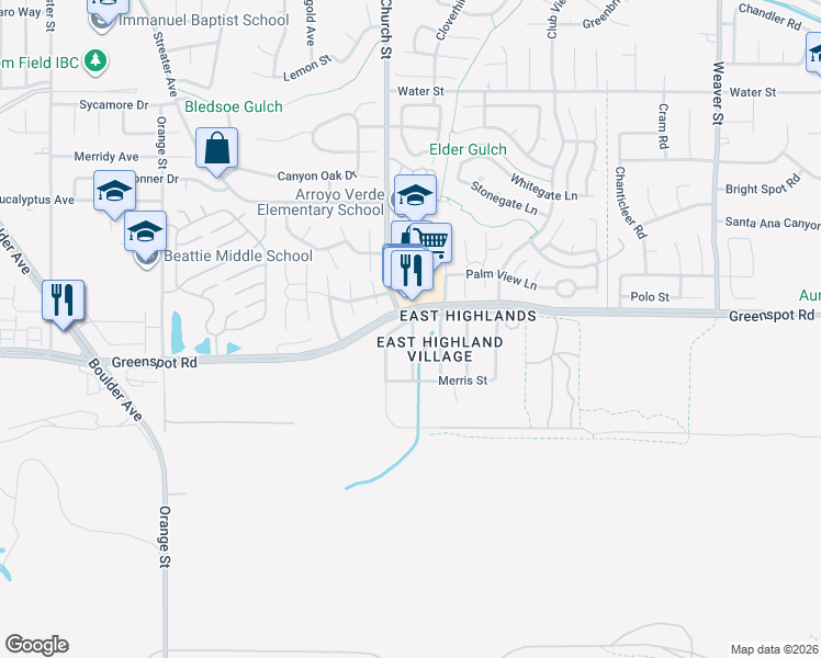 map of restaurants, bars, coffee shops, grocery stores, and more near 28943 Greenspot Road in Highland