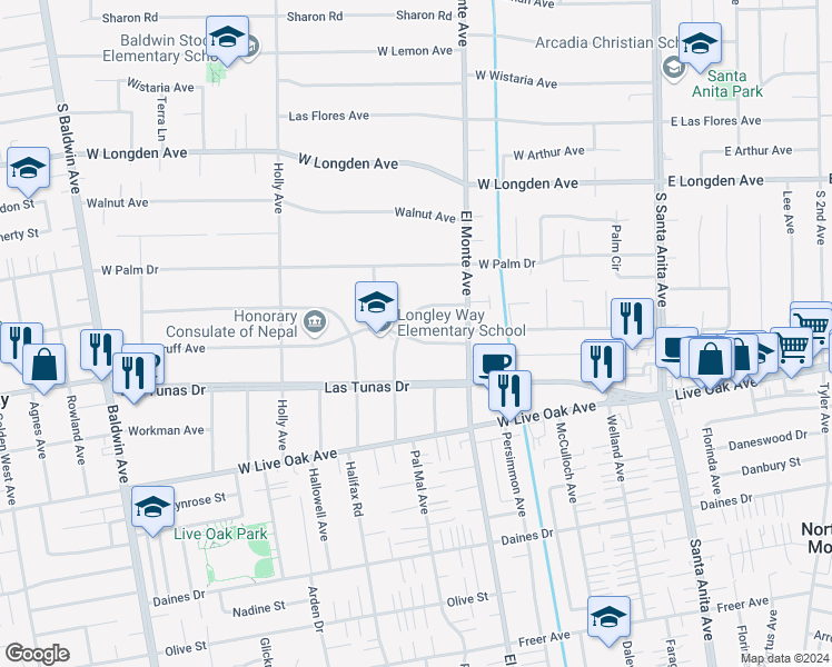 map of restaurants, bars, coffee shops, grocery stores, and more near 249 West Woodruff Avenue in Arcadia