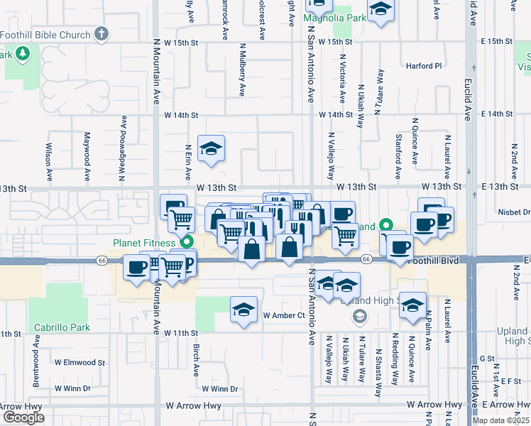 map of restaurants, bars, coffee shops, grocery stores, and more near 914 West Pine Street in Upland